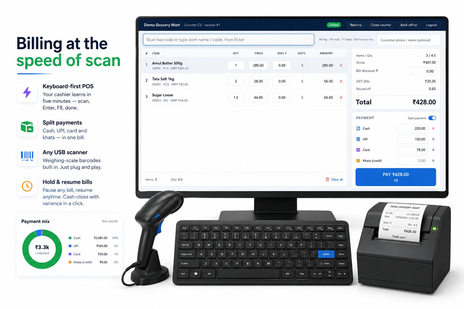 MerryMax POS counter — scanner, keyboard and thermal printer with split payments on screen