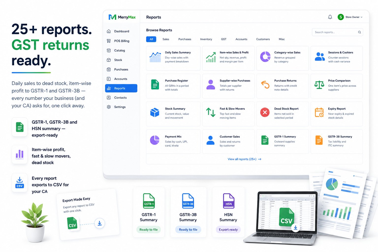 MerryMax reports — 25+ reports with GSTR-1, GSTR-3B, HSN summary and CSV export