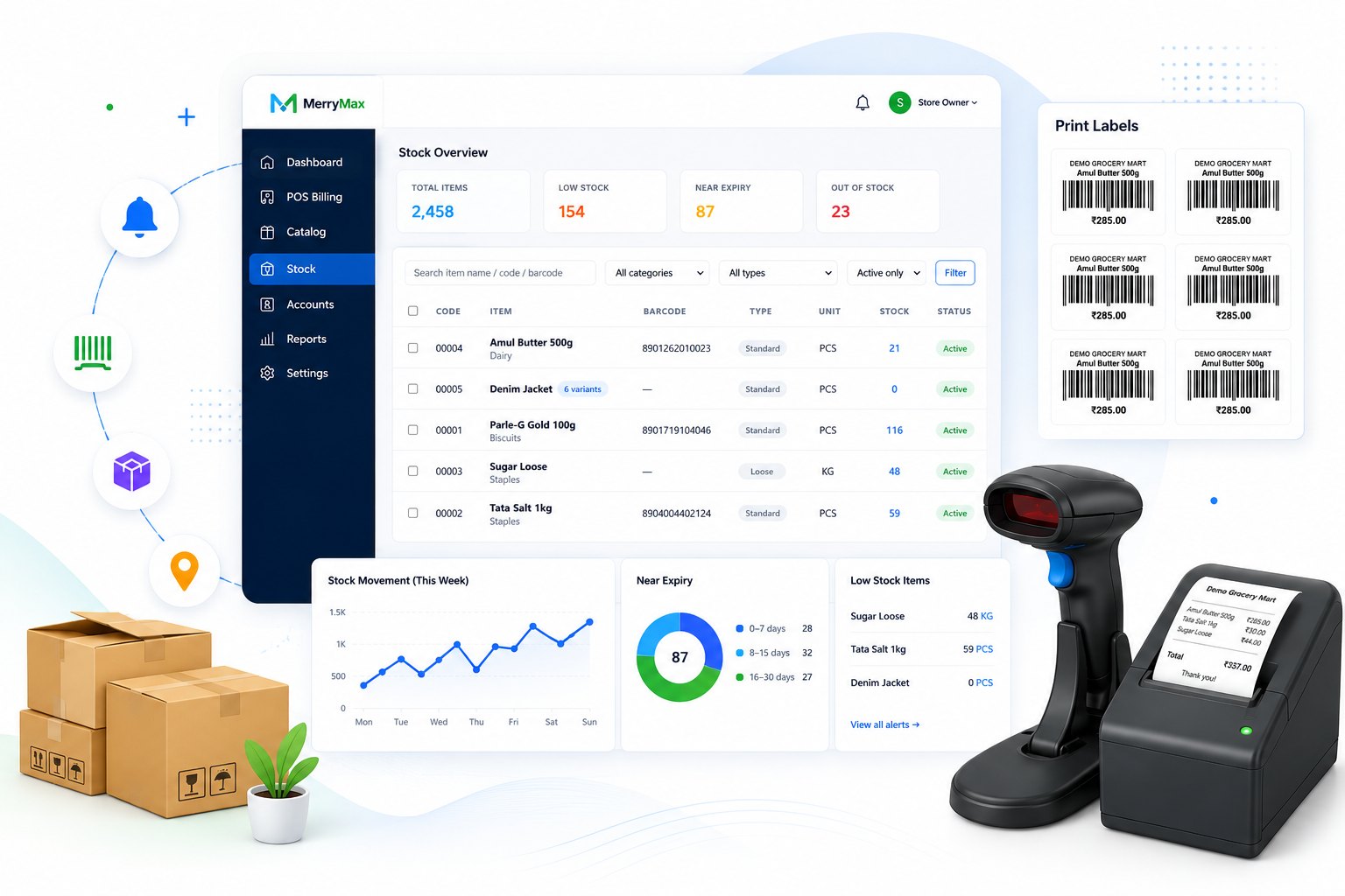 MerryMax stock overview — low stock, near expiry, barcode labels and scanner