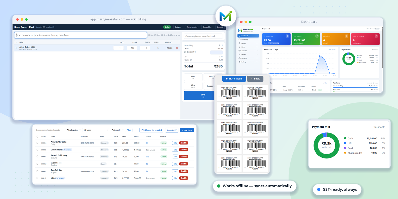 MerryMax in action — POS billing screen and live dashboard